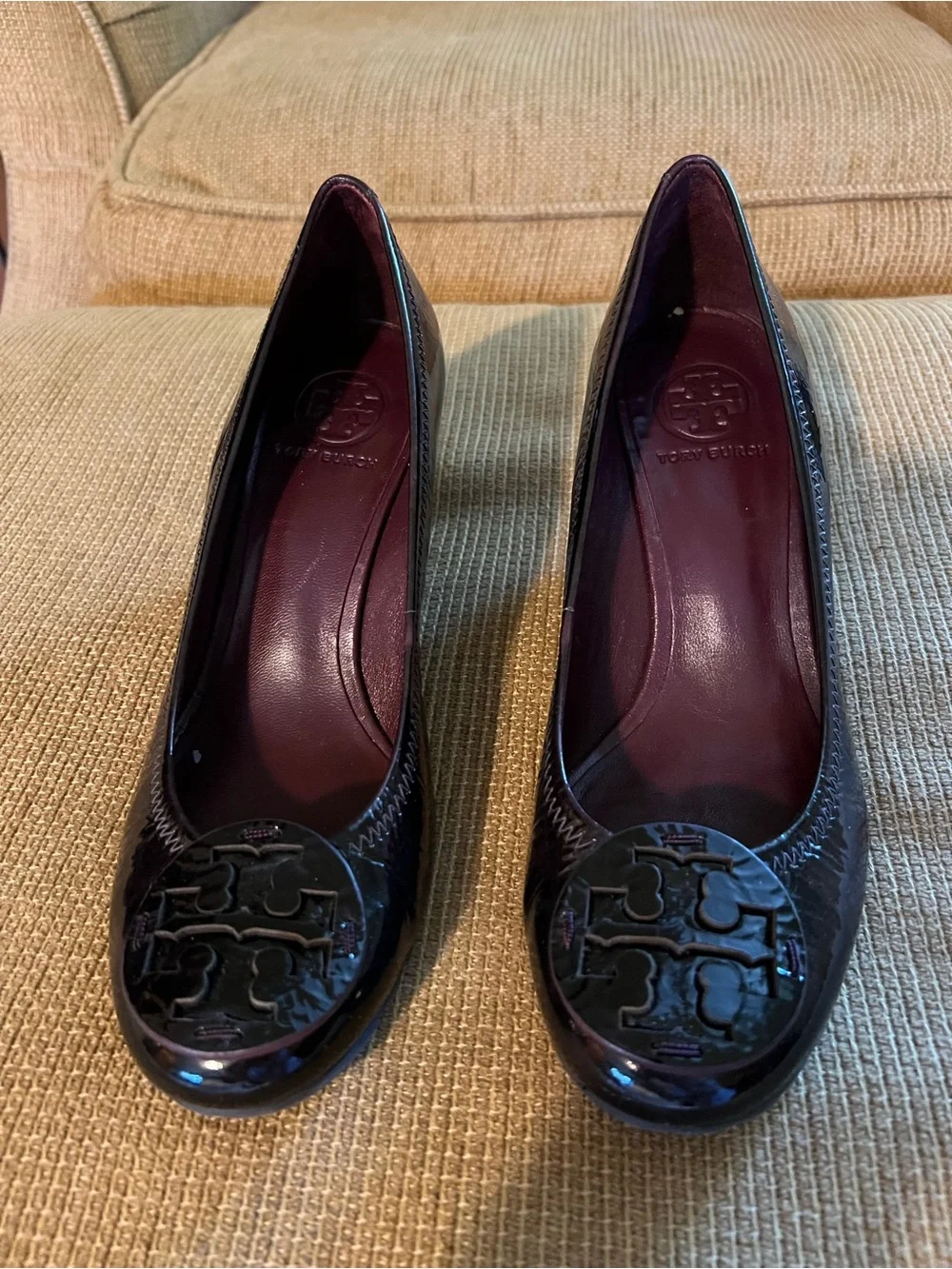 Tory Burch Deep Burgundy Patent Leather Logo Wedges with Deep Burgundy Insole